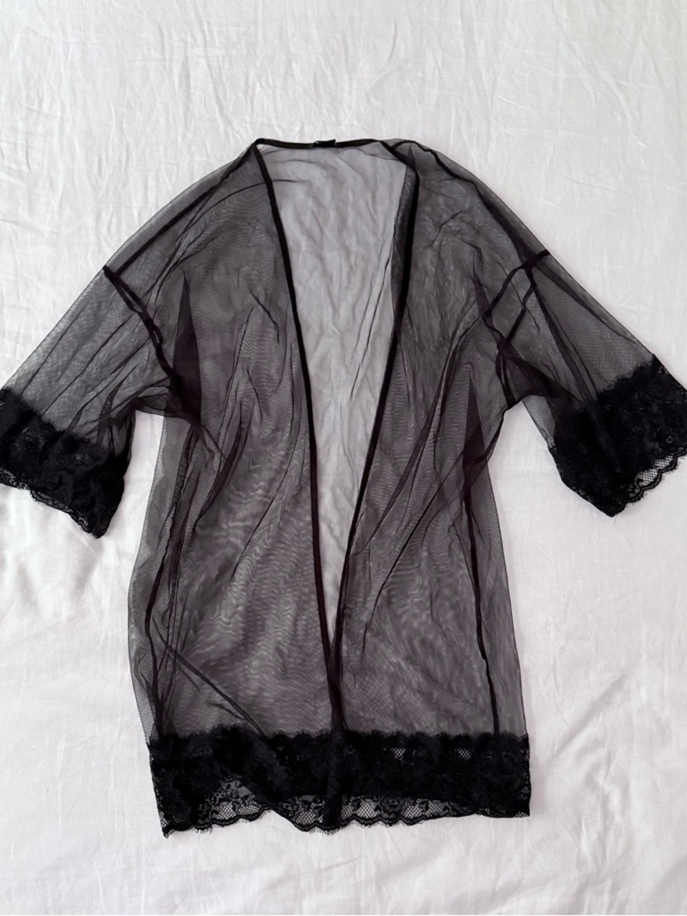 Monki Sheer Lace-Trim Kimono Robe - Black